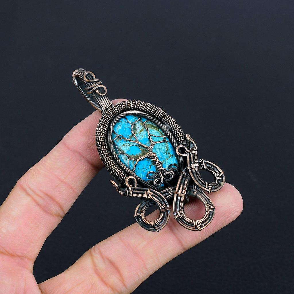 Wisiorek z turkusu tybetańskiego, biżuteria z kamieni szlachetnych owinięta drutem miedzianym próby 999, ręcznie robiony wisiorek, na Święto Dziękczynienia