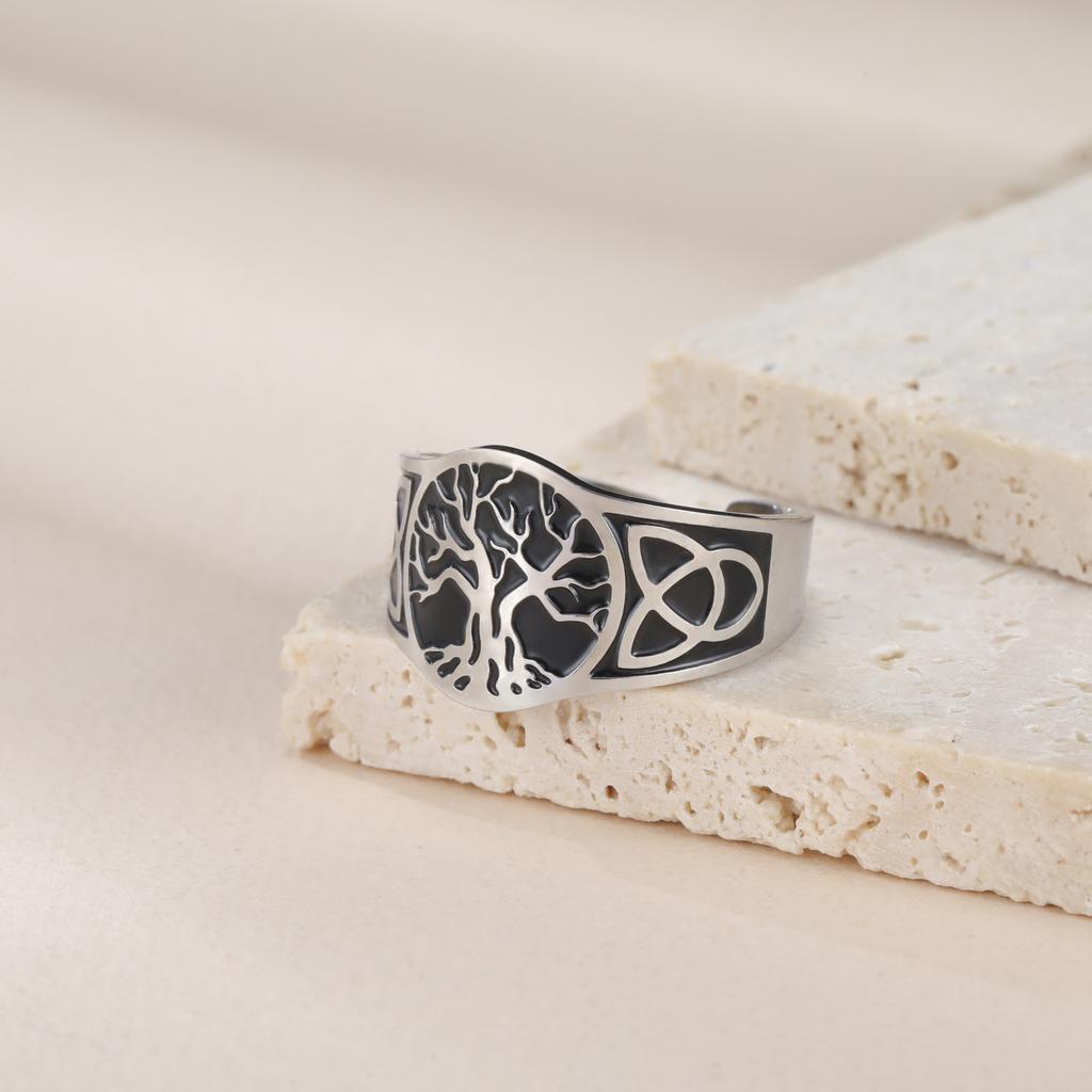 Titanium Steel Tree of Life Ring Personality Trend Hip Hop Punk Stainless Steel Smear Opening Rings for Men