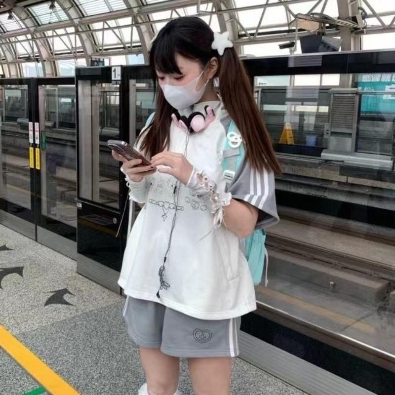 Preppy Styl 2dílné Sety Dámské Oblečení Krátký Rukáv Stojáček Patchwork Trička Ležérní Módní Šortky Oblek Korejský Letní Set