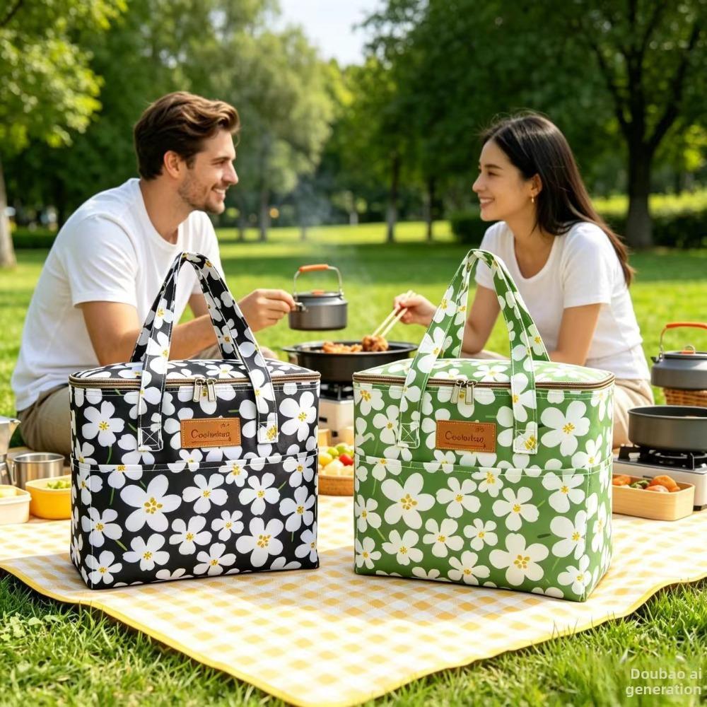 Oxford 4 Pockets Cooler Bag, Portable Handheld Insulated Lunch Bag, Outdoor Picnic Thermal Food Carrier