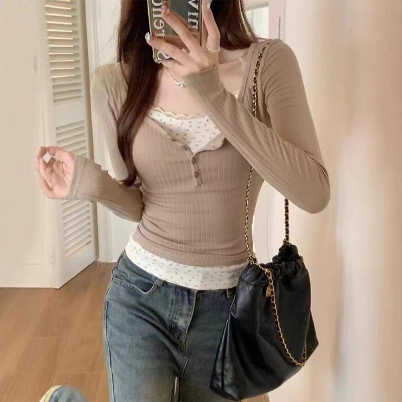 Lace Floral Splicing Fake Two Leggings Women's Early Spring New Tight Short Style Pure Long-sleeved Small Top