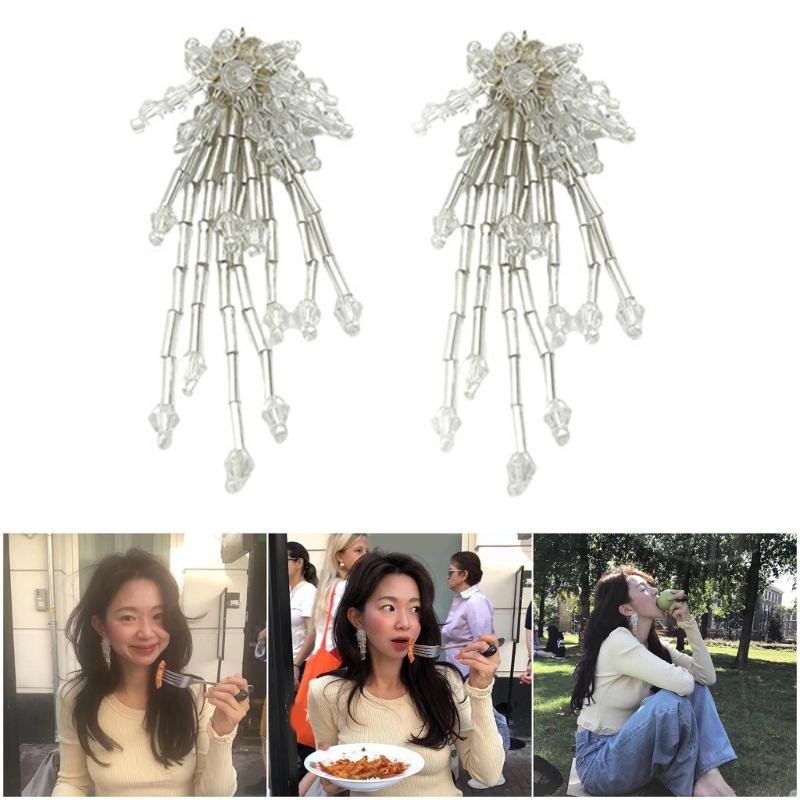 Elegant Dangle Earrings With Glittering Beaded Tassels Sensitive Skin Friendly Alloy Jewelry For Daily Wear