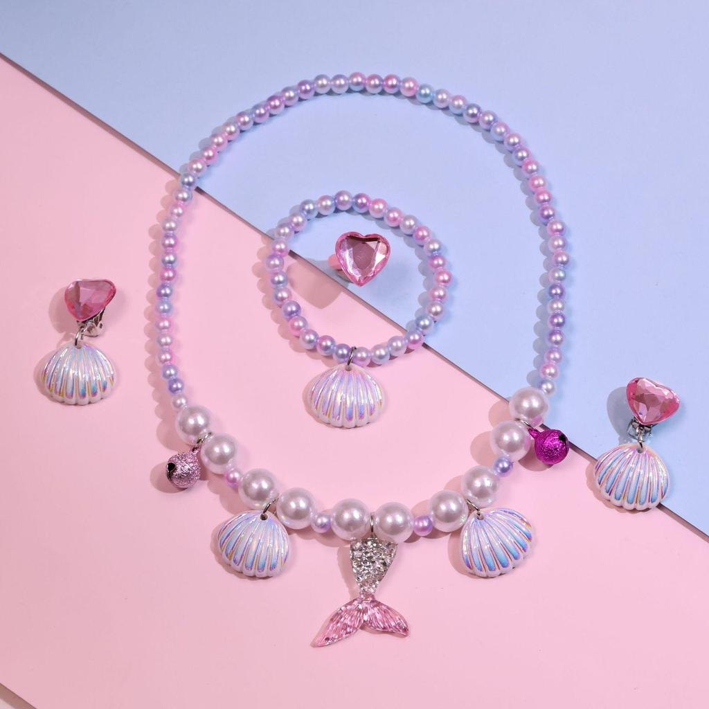 Colar de Pérolas de Sereia e Conjunto de Acessórios de Princesa para Meninas - Conjunto de 5 Peças para Presente de Feriado