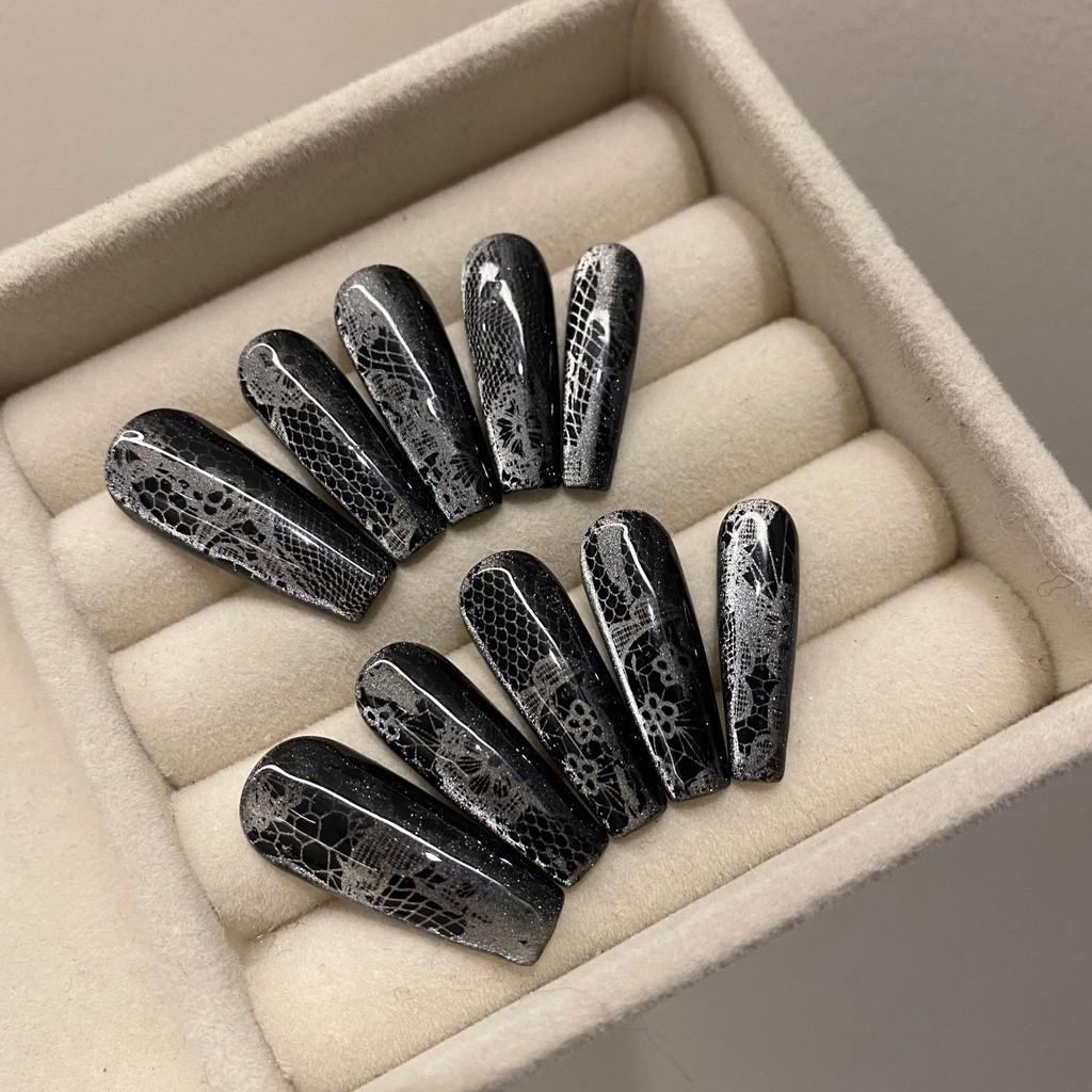 HANDMADE Lengthen Ballerina Shape/lengthen Long Trapezoid Black Bottom Silver Hand Painted Pattern Snake Scalesdark Style Cool Reflective Fake Nails