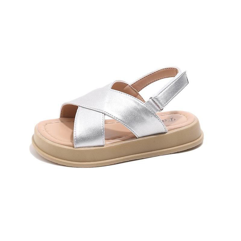 

Girls Beach Shoes Open Toes Classic Kids Sandals Soft Sole Soild Color 2025 Summer New Children Casual Flats Non-slip Hook&loop 21 серебряный