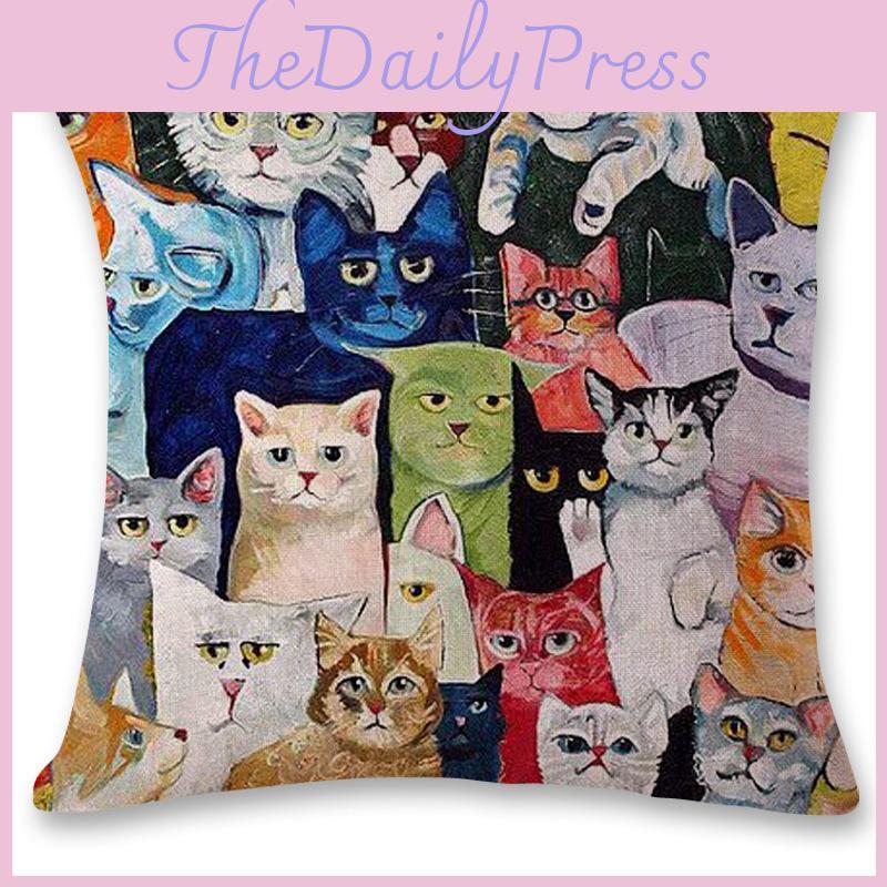 Cozy Many Cats Cushion Cover Plant Print Silk Material Decoration Bedside