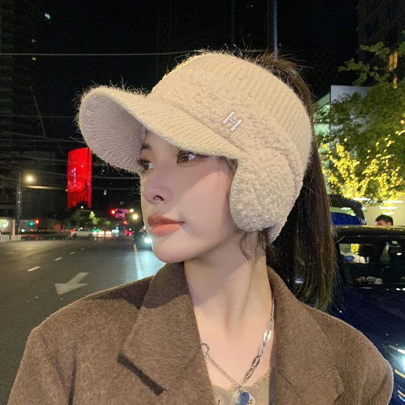 Hat Women's Winter Versatile Fashion Warm Knitted Wool Hat Cycling Windproof Cold-proof Fleece Ear Protector