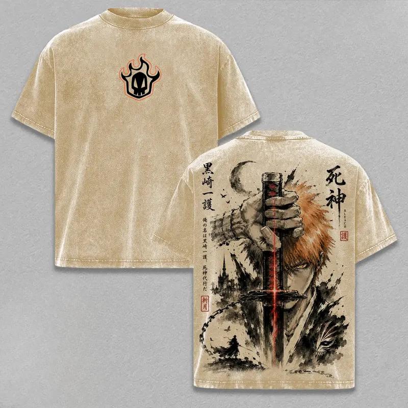 BLEACH Kurosaki Ichigo Bedrucktes Streetwear Herren Damen Vintage Gewaschenes T-Shirt Übergroßes Baumwoll-T-Shirt Kurzarm Freizeitkleidung