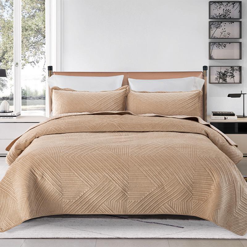 Solid Color Crystal Velvet Quilted Bedspread 3-Piece Set - Casual Home Bedding Blanket