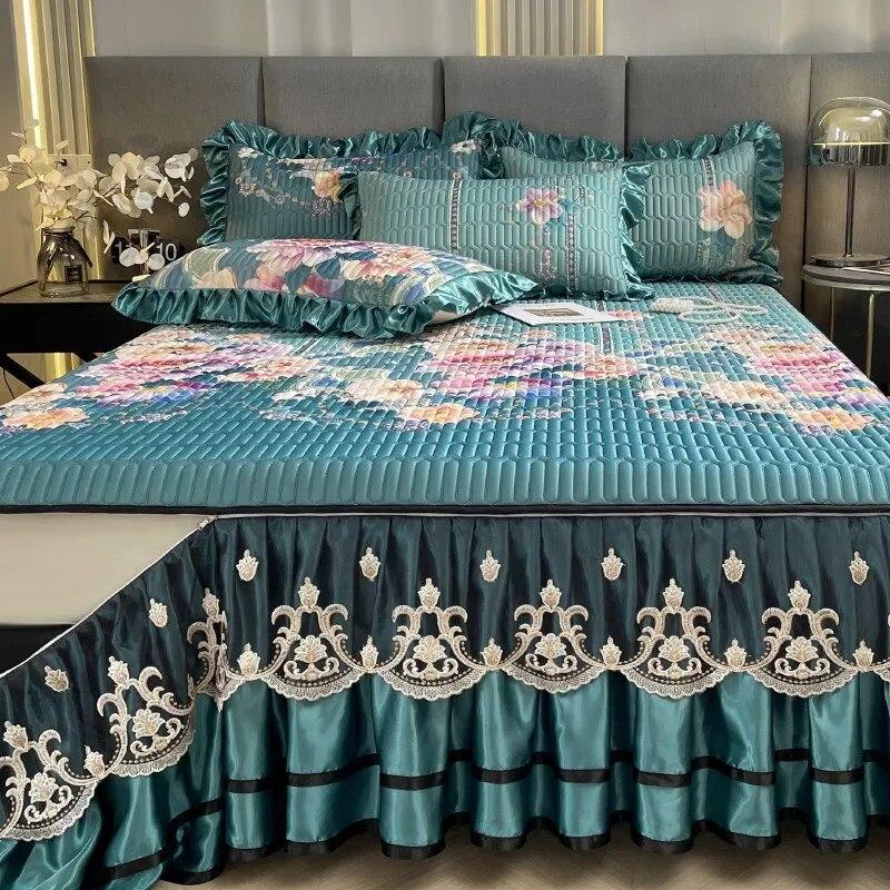 

Латексное охлаждающее покрывало для сна с европейским принтом на лето с кружевной юбкой-кроватью на молнии, коврик для кондиционирования воздуха с 2 наволочками 150x200cm 59x79inch