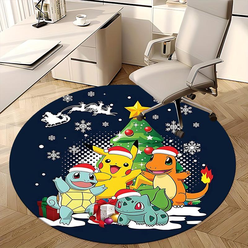 1pc Christmas Pikachu & Friends Round Carpet - Anime Design Office Chair Mat, Non-Slip Rug for Home Decor, Living Room