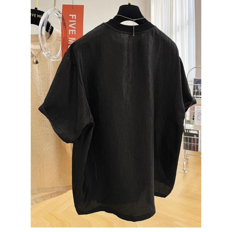 New Chinese Style Short-sleeved T-shirt for Women Loose Buckle Slit Textured Pleated Top