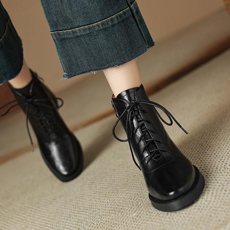 Fashion NEW Autumn/Winter Women Boots Round Toe Chunky Heel Shoes Split Leather Shoes for Women Lace-up Ankle Boots Zipper Modern Boots
