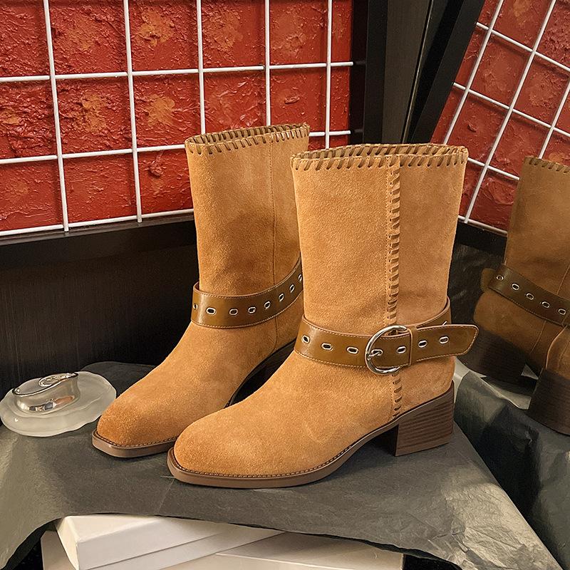 

Leather short boots women s middle heel 2025 autumn new versatile thick heel with skirt retro British mid-tube western cowboy boots 40