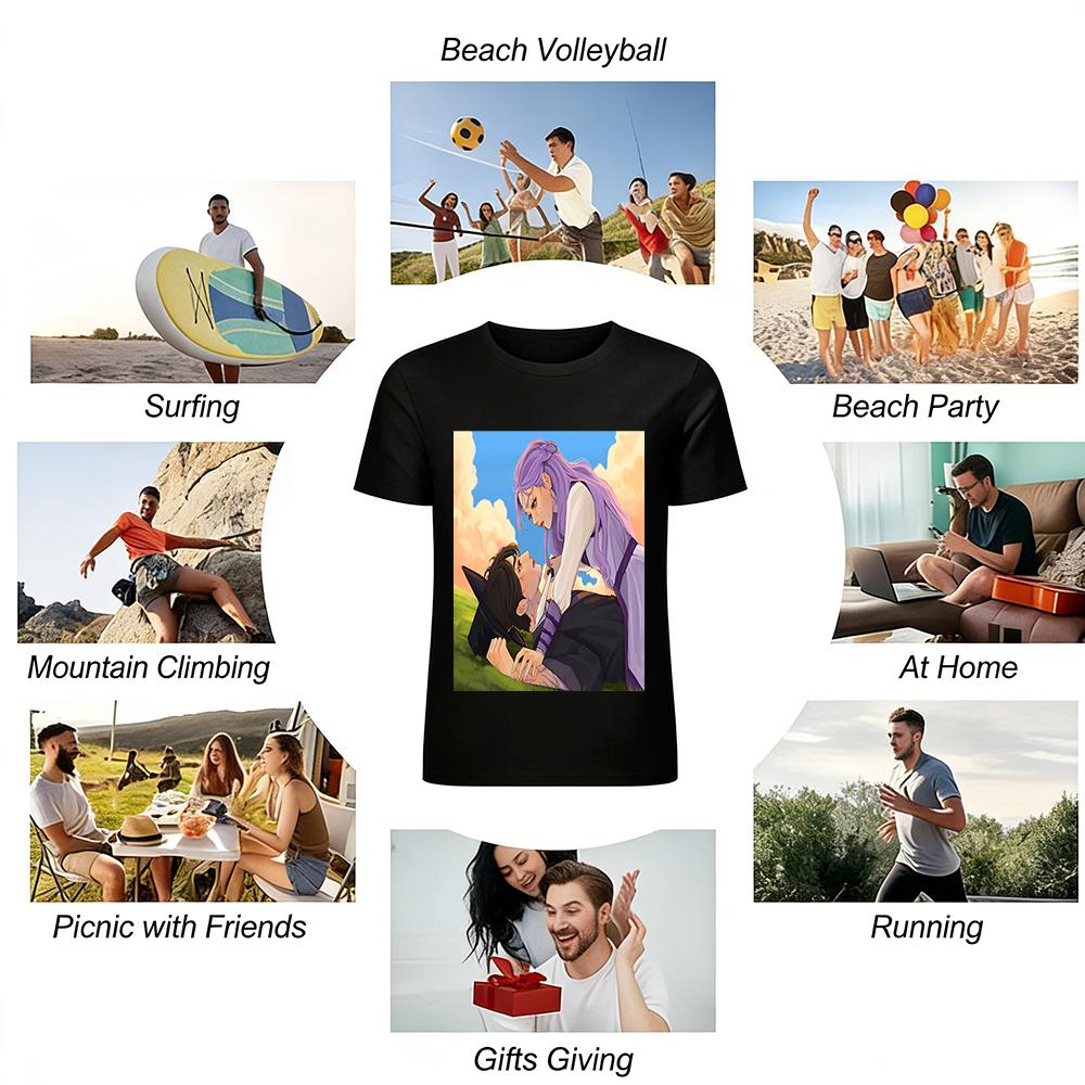 Ancient Style Sad Love CP Print Top Purple-haired Girl & Injured Guy Anime Comic Casual T-shirt Pure Cotton T-shirt