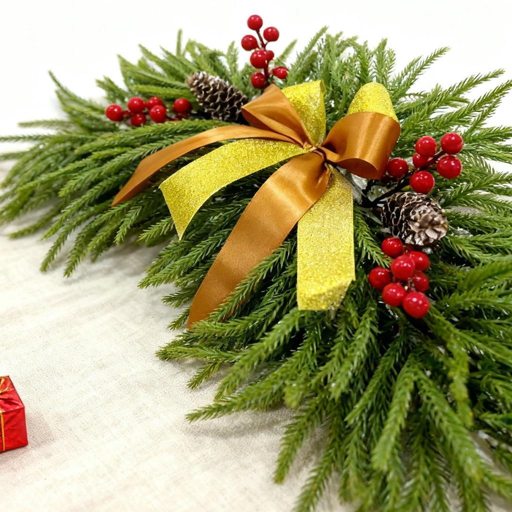 Christmas Mirror Wreath with Red Fruit and Pinecone Artificial Christmas Pine Branch Wreath Butterfly Knot Pine Wreath