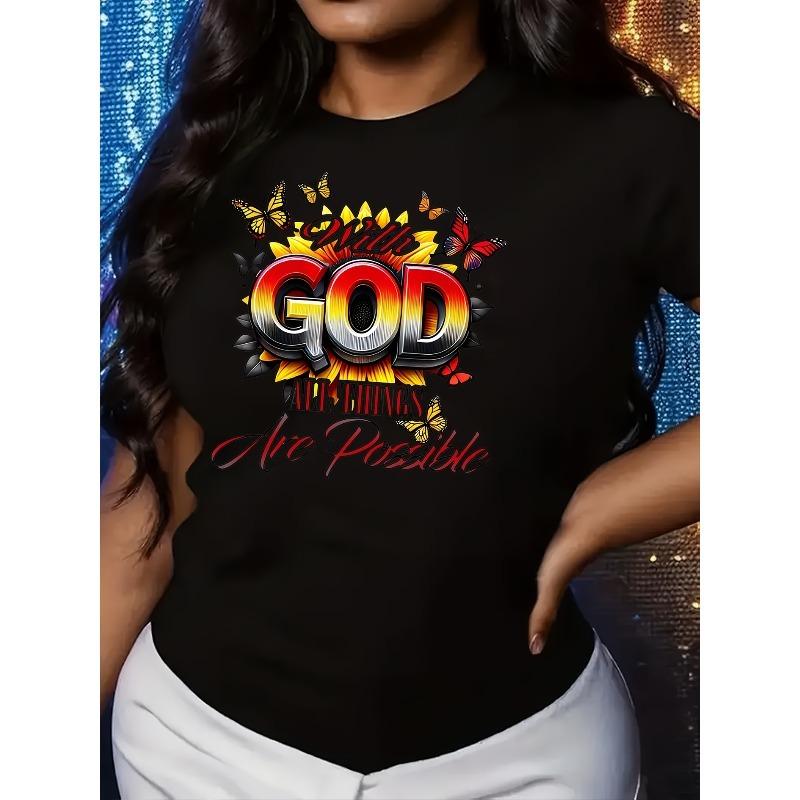 

European size Inspirational Graphic T-Shirt, Polyester Blend Crew Neck Short Sleeve Tee, with Butterfly and Floral Design, for All Seasons 4XL