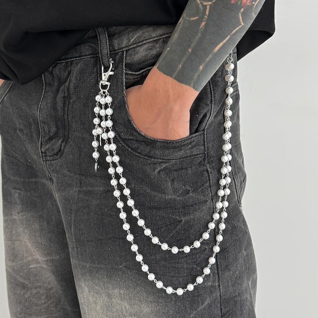Ingemark Hip Hop Imitation Pearl Colorful Rhinestone Jeans Pants Chain Men Trend Creative Metal Pendant Bag Chain Couple Jewelry