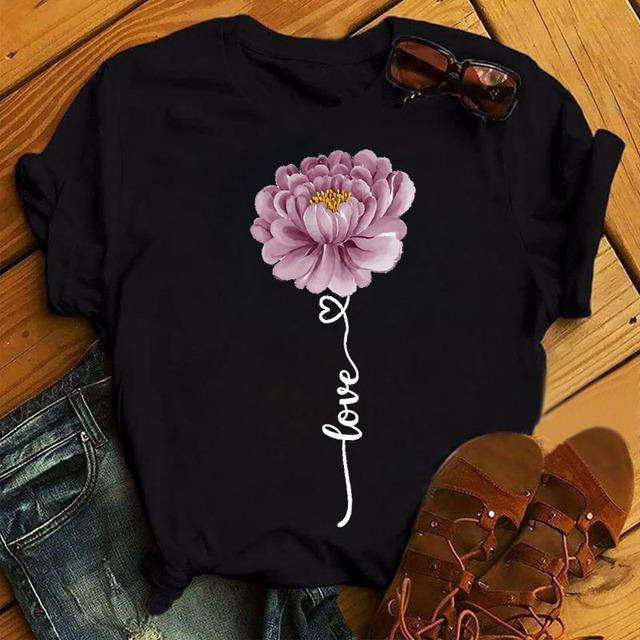New Fashion Women Black T Shirt Friends Gift Flower Love Print Cute Tee Shirt Female Harajuku Tops Woman Short Sleeve T -Shirts