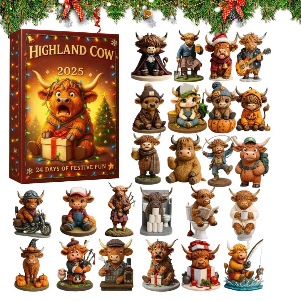 24pcs Christmas Advent Calendar 2D Acrylic Highland Cow Ornaments Christmas Tree Pendant Decorations Xmas Navidad Countdown Gift