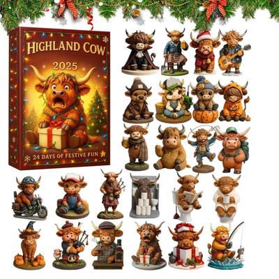 24pcs Christmas Advent Calendar 2D Acrylic Highland Cow Ornaments Christmas Tree Pendant Decorations Xmas Navidad Countdown Gift