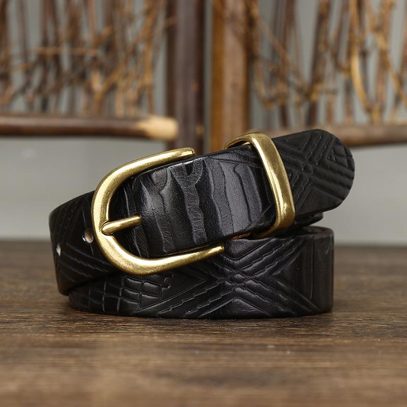 Belt Women's Retro Fashion Trends Distressed Embossed Washed Leather Pin Buckle First Layer Cowhide Jeans Belt Women's