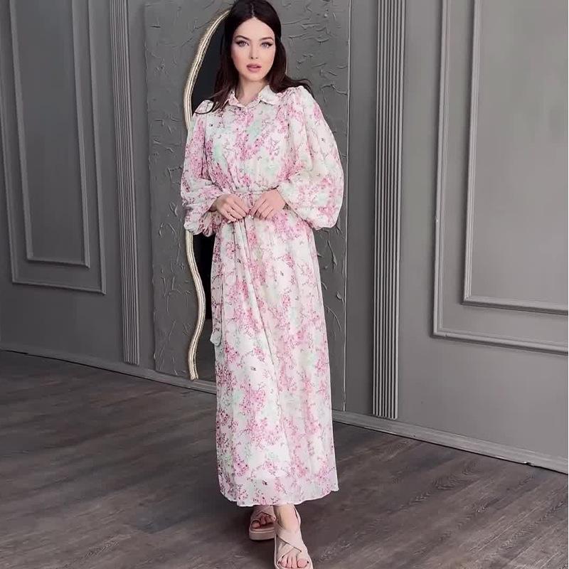 2024 Autumn European & American Gentle Lace-up Waist Slimming Floral Maxi Dress