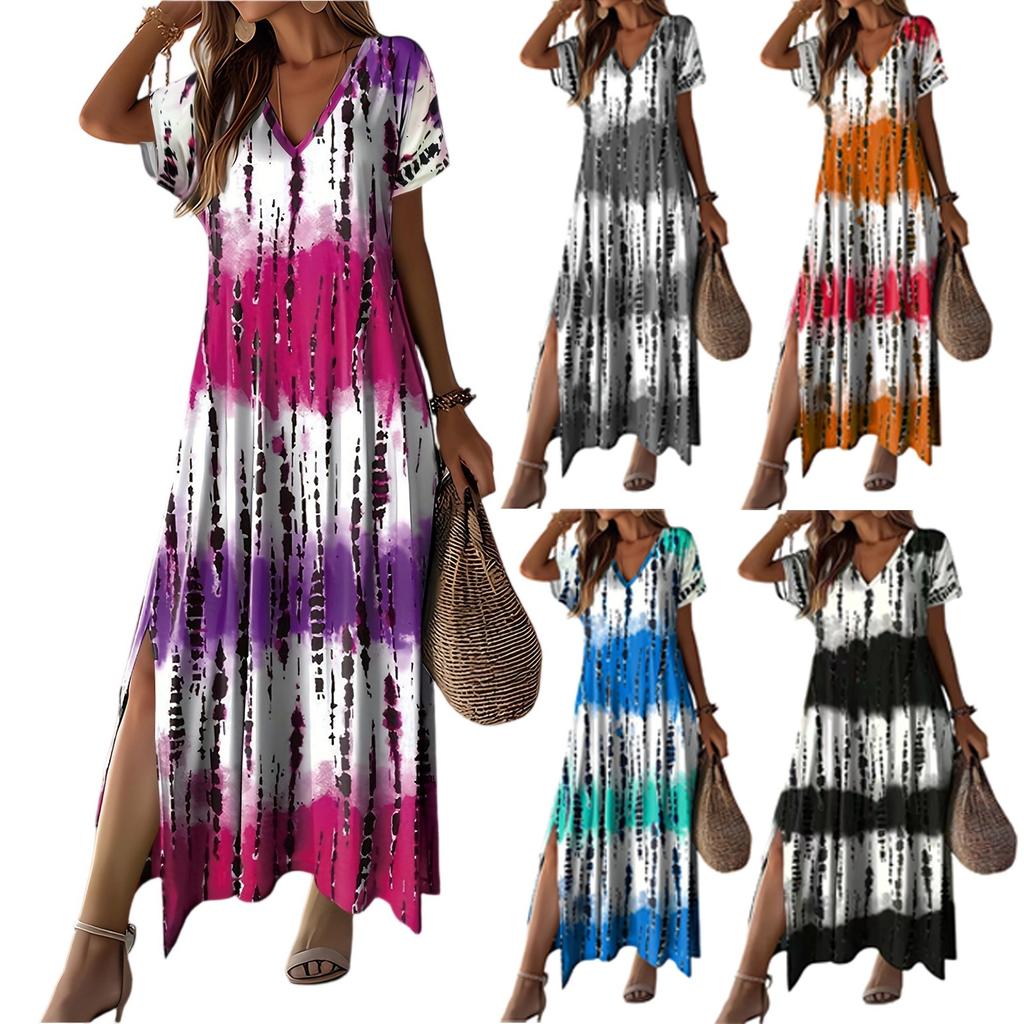 Damen Modisches Bedrucktes V-Ausschnitt Kurzarm Lockeres Kleid