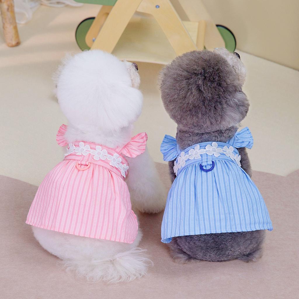 Spring and Summer Dog Clothing Vertical Bar Doll Skirt Pastoral Small Fresh Lace Suspender Teddy Bigbear Small Dog Clothing