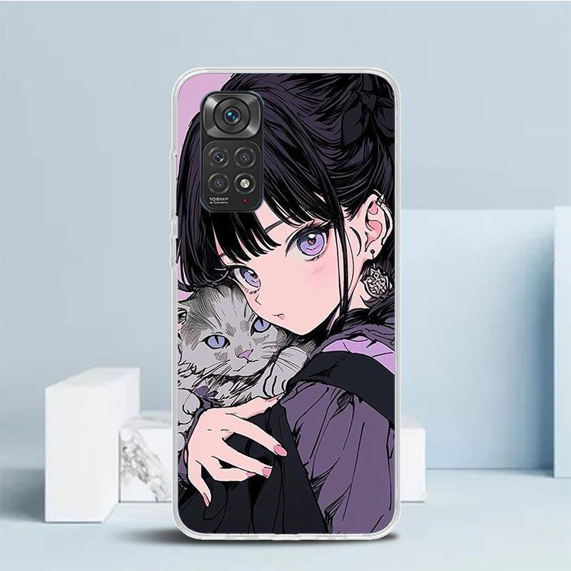 Anime Girls Cute Black Cat Phone Case For Xiaomi Redmi Note 15 14 14S 13 12S 12 Pro Plus 11S 11 11T 11E 10S 10 + Soft TPU Back C