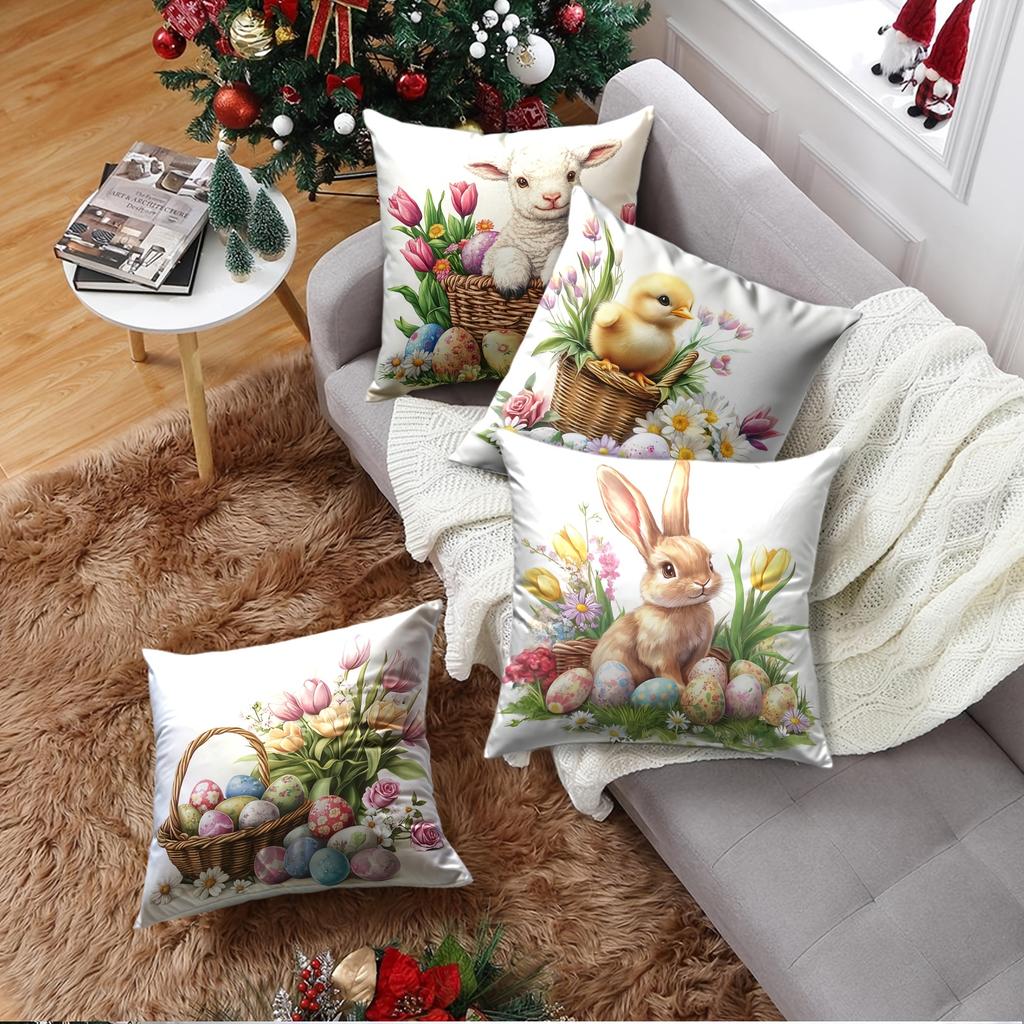 4pcs Easter Flower Pillow Cover Set, Holiday Decoration Sofa Cushion Cover, Sofa Home Decoration, Room Decoration, Office Decoration