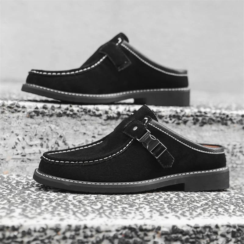 Suede Leather Half Slipper Man Design Moccasins Comfy Slip-on Slippers Casual Shoes Adult Men Muller Footwear Handmade Half Drag