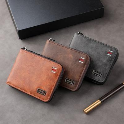 New PU Leather Short Wallet Zipper Large-capacity Coin Purse Solid Color Money Bag Man