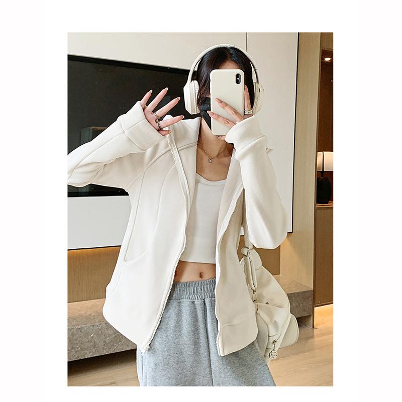 Dámská sportovní bunda na zip s kapucí Podzim Zima Fleecová podšívka Zesílené Mikiny Dámská Jednobarevná Ležérní Volná Mikina Kardigan