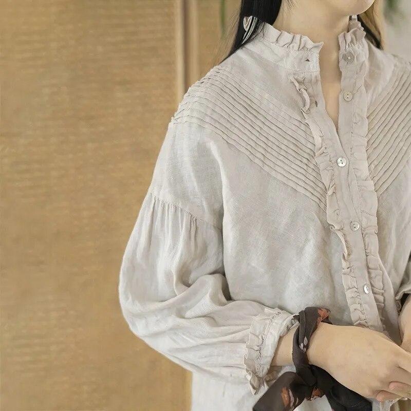 Johnature Women Vintage Shirts Tops Stand Long Sleeve Button Spring Blouses Solid Color Chinese Style Shirts