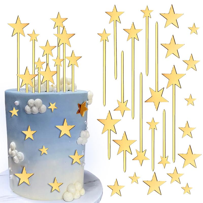 24Pcs Acrylic Gold Star Cake Toppers for Kids Birthday Party Cake DIY Decoration Wedding Christmas Cake Decorating Tools Kit