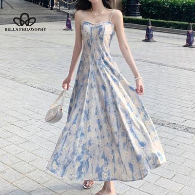 Französisches blaues Ölgemälde Langes Kleid Strandkleid Florales Slingkleid Damen Sommer Feenstil Lässiges Partykleid