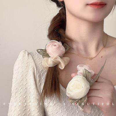 Elegant Ladies Net Yarn Rose Flower Hair Rope Fashion Elastic Sweet Hair Scrunchies Ties For Women Girls Bride Bridesmaid
