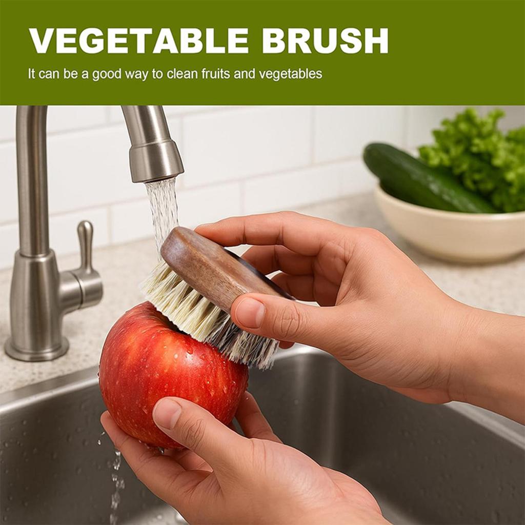 Natural Solid Wood Kitchen Cleaning Brush Dual Bristle Fruit Vegetable Scrub Brush Dish Pot Sink Scrubber with Hanging Rope for Potato Carrot Cookware