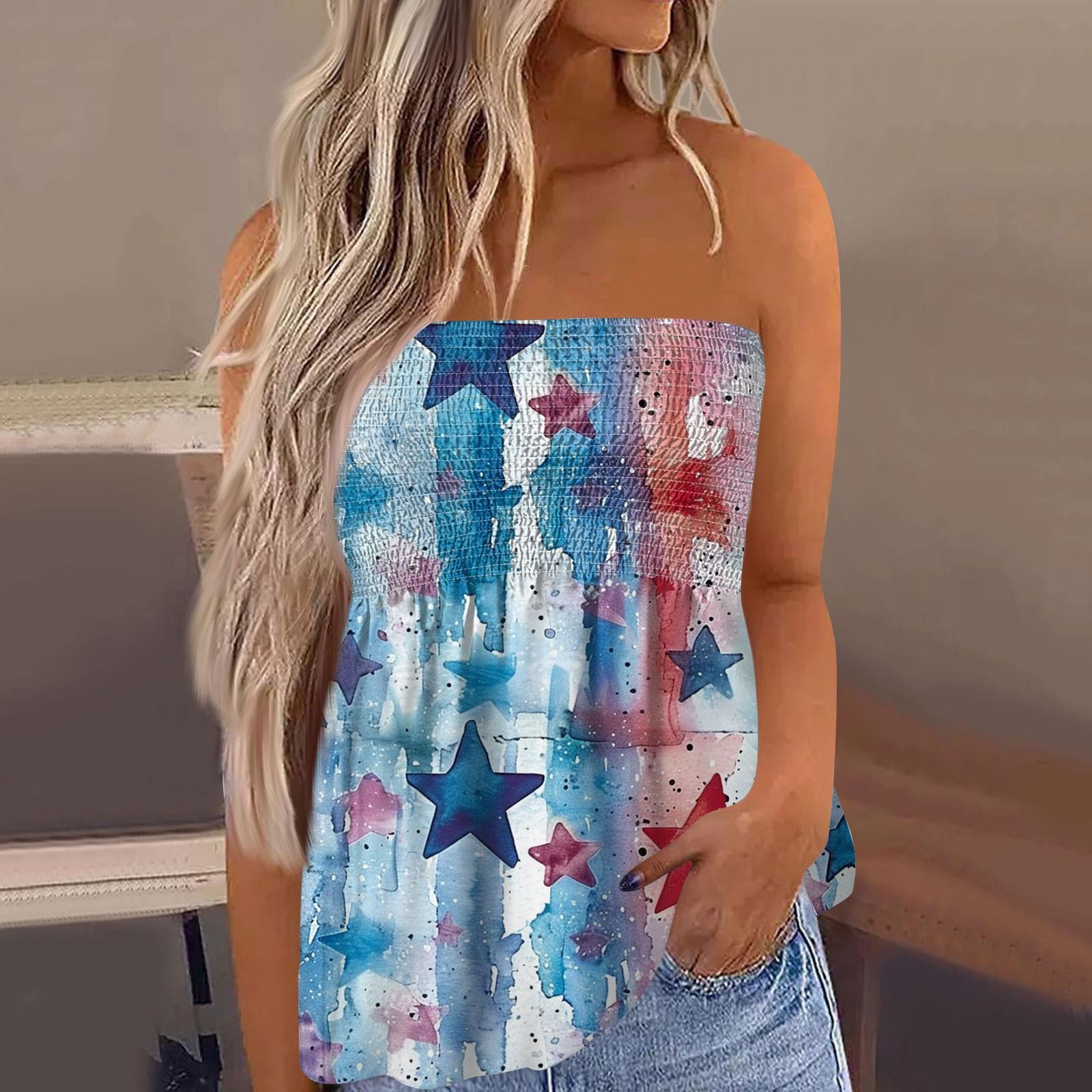 Women Summer Strapless Tube Top Casual Sleeveless Floral Print Off Shoulder Shirt Lightweight Tunic Blouse XXL