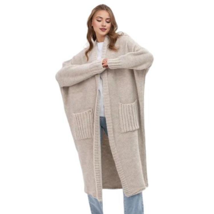 Women Sweater Cardigan Ribbed Trim V Neck Long Sleeve Solid Color Open Front Knitted Coat Mid Length S бежевый