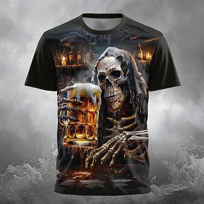 Maglietta da uomo con stampa 3D, stile gotico, con teschio, stile Oktoberfest, per feste, strada, casual, a maniche corte, girocollo, abbigliamento estivo
