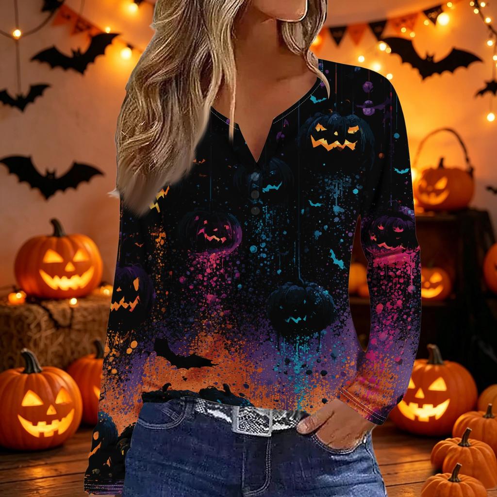 Women's Halloween Print Long Sleeve V-Neck T-Shirt with Decorative Buttons for Casual Wear