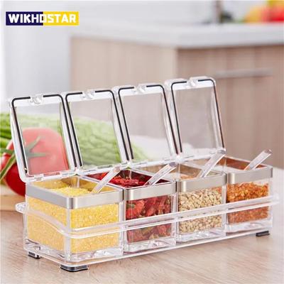 Four Clear Compartment Seasoning Box,Crystal Storage Container With Spoon,Lid,And Storage Base, Used For Salt, Sugar, And Pepper