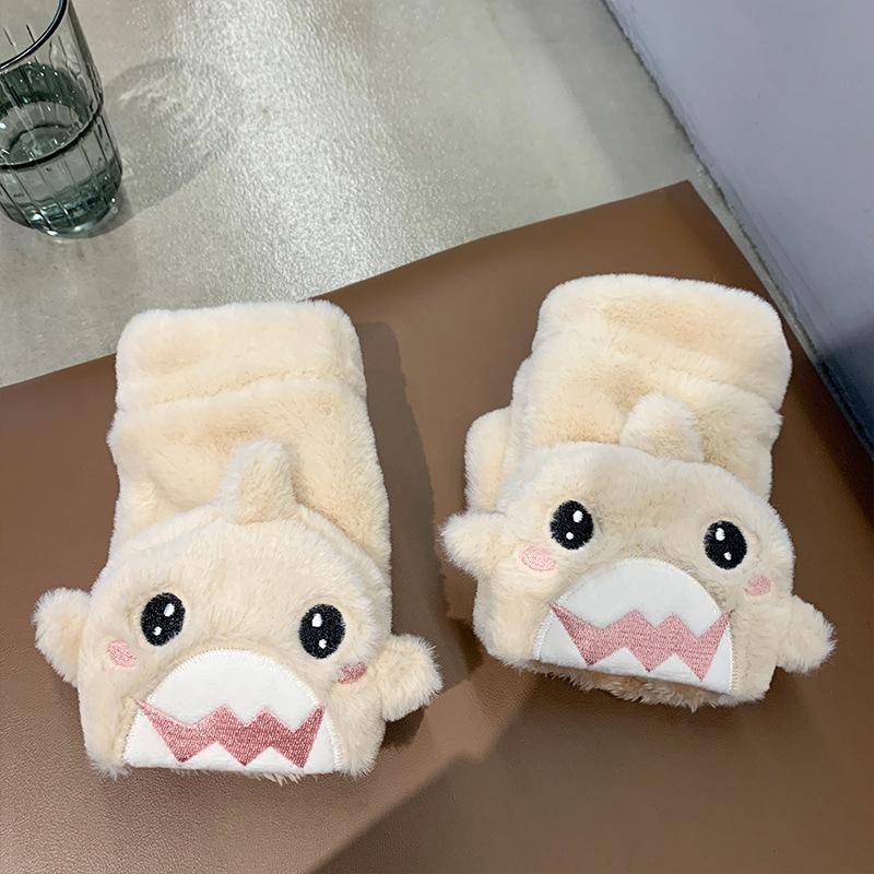 Gloves for Women In Winter Cute Shark Half Finger Plush Thickened Flip Student Fingers To Prevent Cold  Men Keep Warm and Velvet