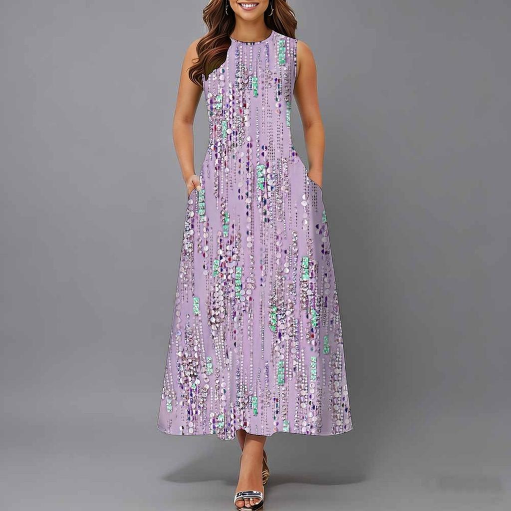 Ladies Plus Size Sleeveless Crew Neck Dress Distinct Floral Printed Loose Mid Length Dress