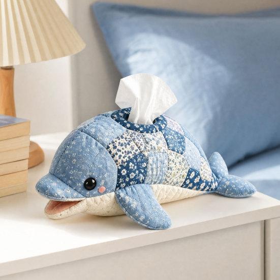 DIY Tissue Box, Top Opening Soft Fabric Cover, Marine Animal Theme Tissue Dispenser, Multipurpose Patchwork Designs Sewing Kit, for Home Car Office
