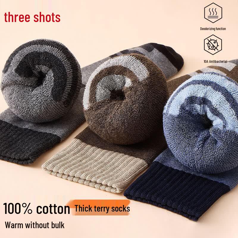 ThreeGun Men s Plush Fleece 100% Cotton Thick Antibacterial Mid-Calf Socks One Size