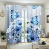 2Pc Blue And White Floral Butterfly Pattern Curtains, Polyester Fabric, Machine Washable, Suitable For Bedroom And Living Room