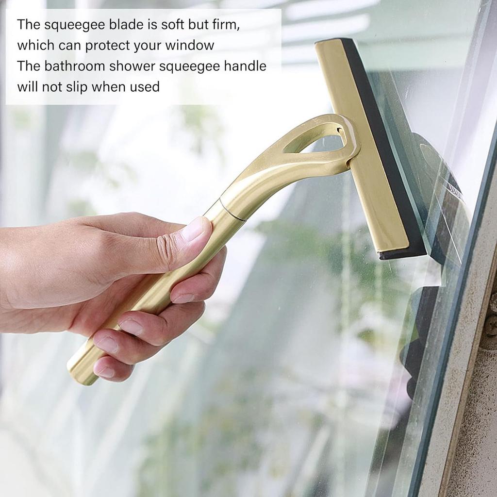 Shower Squeegee for Glass Doors with Adhesive Hook Gold Window Squeegee Rubber Scraper for Bathroom, Window, Mirror, Car Glass, Tile Wall